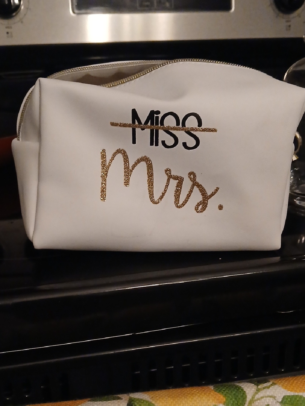White "Mrs." Cosmetic Pouch with Gold Accents